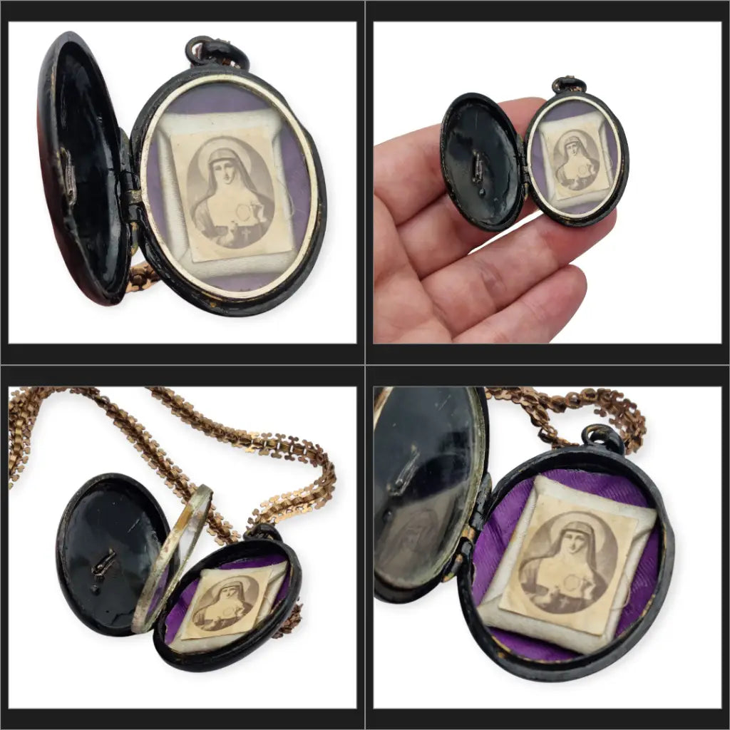 Colgante relicario Victoriano con Virgen medallón religioso antiguo en esmalte