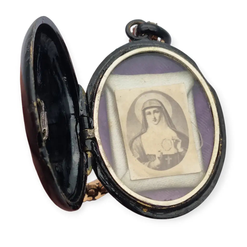 Colgante relicario Victoriano con Virgen medallón religioso antiguo en esmalte