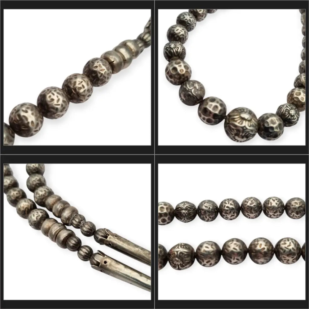 Collar de cuentas plata grabadas con diseño floral étnico joyería Boho