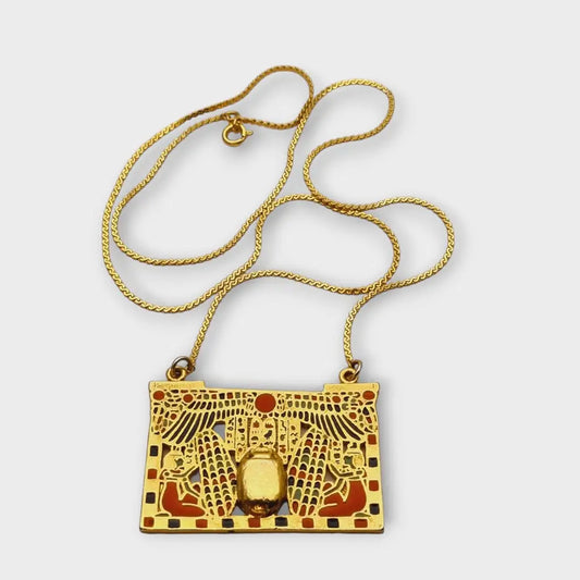 Collar dorado de joyería estilo renacimiento egipcio con placa esmaltada