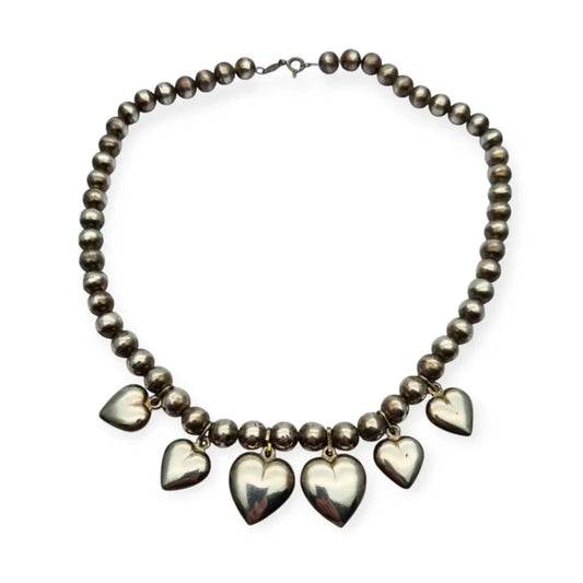 Collar italiano vintage en plata 925 con colgantes de corazones y cuentas
