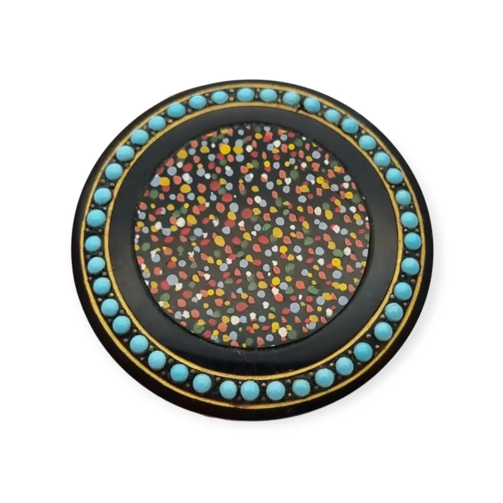 Colorido broche circular art déco con cuentas color azul turquesa década
