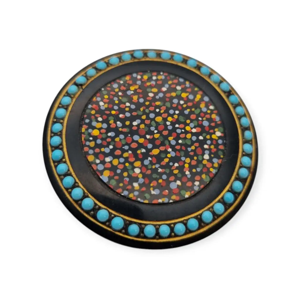 Colorido broche circular art déco con cuentas color azul turquesa década