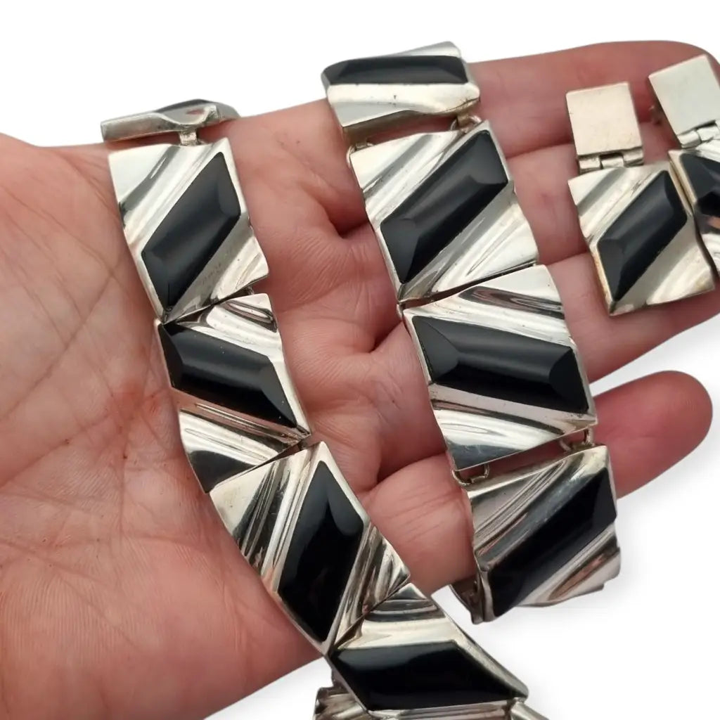 Conjunto Art Decó geométrico mexicano en plata 950 y ónix: Collar pulsera