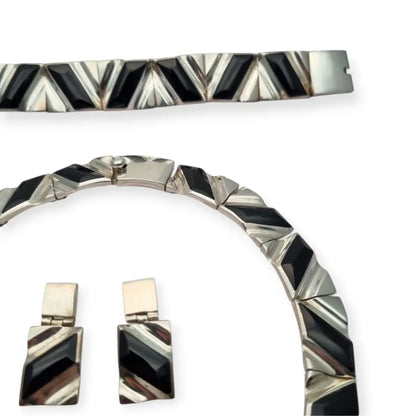 Conjunto Art Decó geométrico mexicano en plata 950 y ónix: Collar pulsera