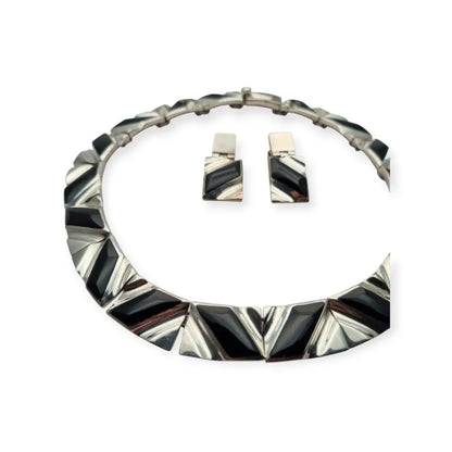 Conjunto Art Decó geométrico mexicano en plata 950 y ónix: Collar pulsera