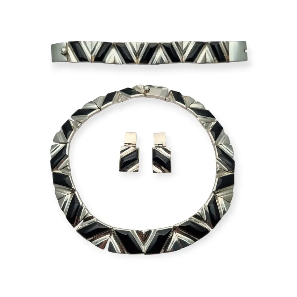 Conjunto Art Decó geométrico mexicano en plata 950 y ónix: Collar pulsera