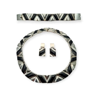 Conjunto Art Decó geométrico mexicano en plata 950 y ónix: Collar pulsera