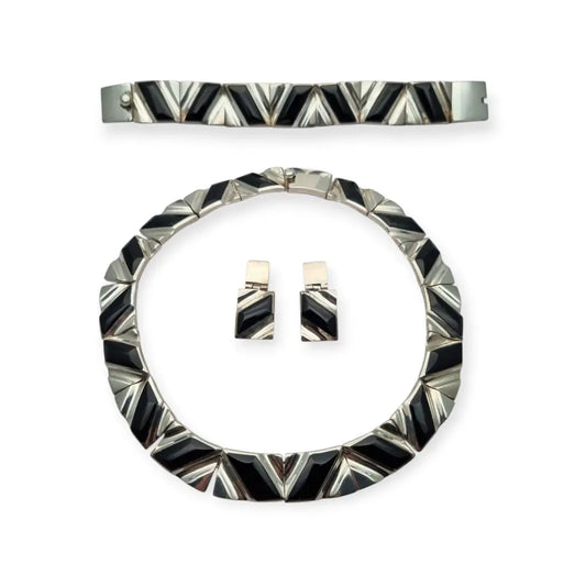 Conjunto Art Decó geométrico mexicano en plata 950 y ónix: Collar pulsera