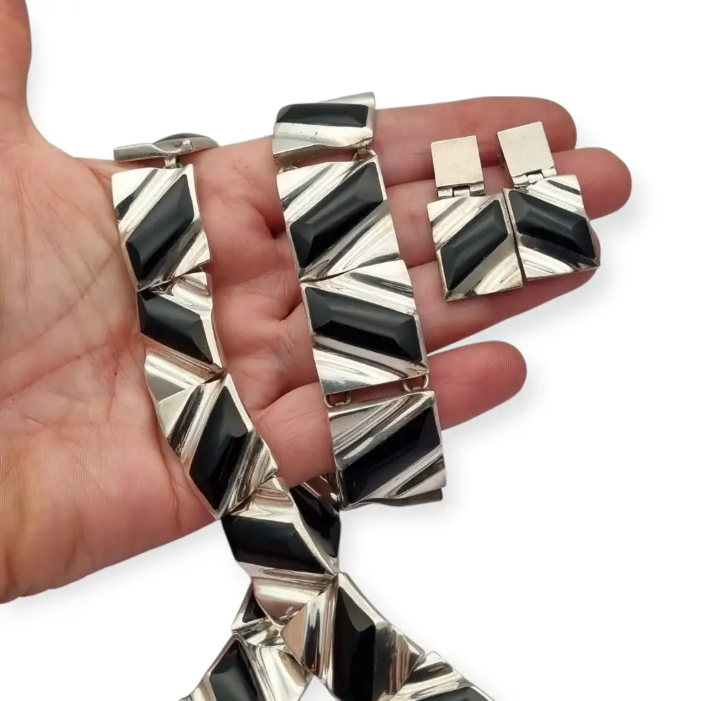 Conjunto Art Decó geométrico mexicano en plata 950 y ónix: Collar pulsera