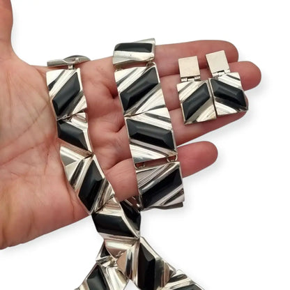 Conjunto Art Decó geométrico mexicano en plata 950 y ónix: Collar pulsera