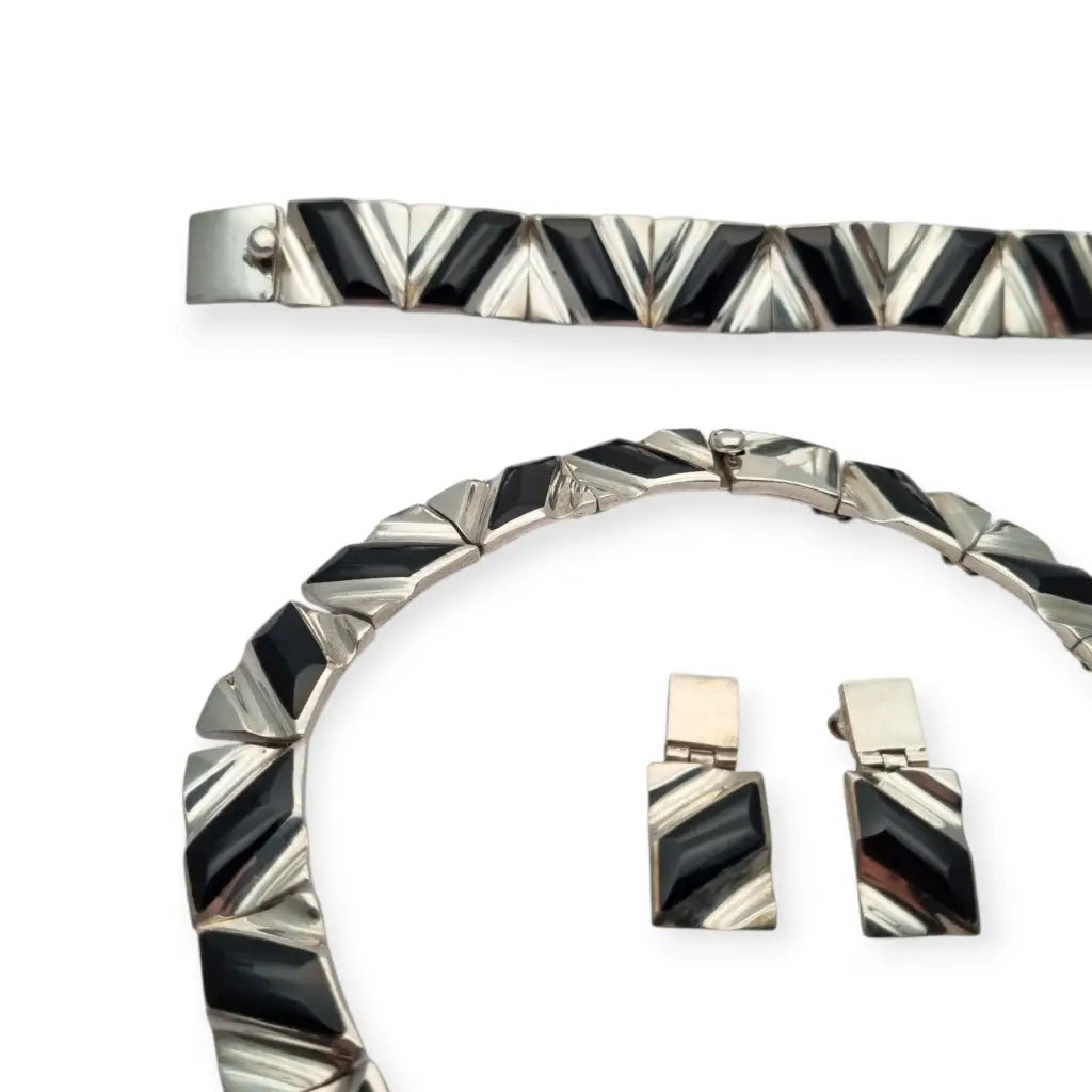 Conjunto Art Decó geométrico mexicano en plata 950 y ónix: Collar pulsera