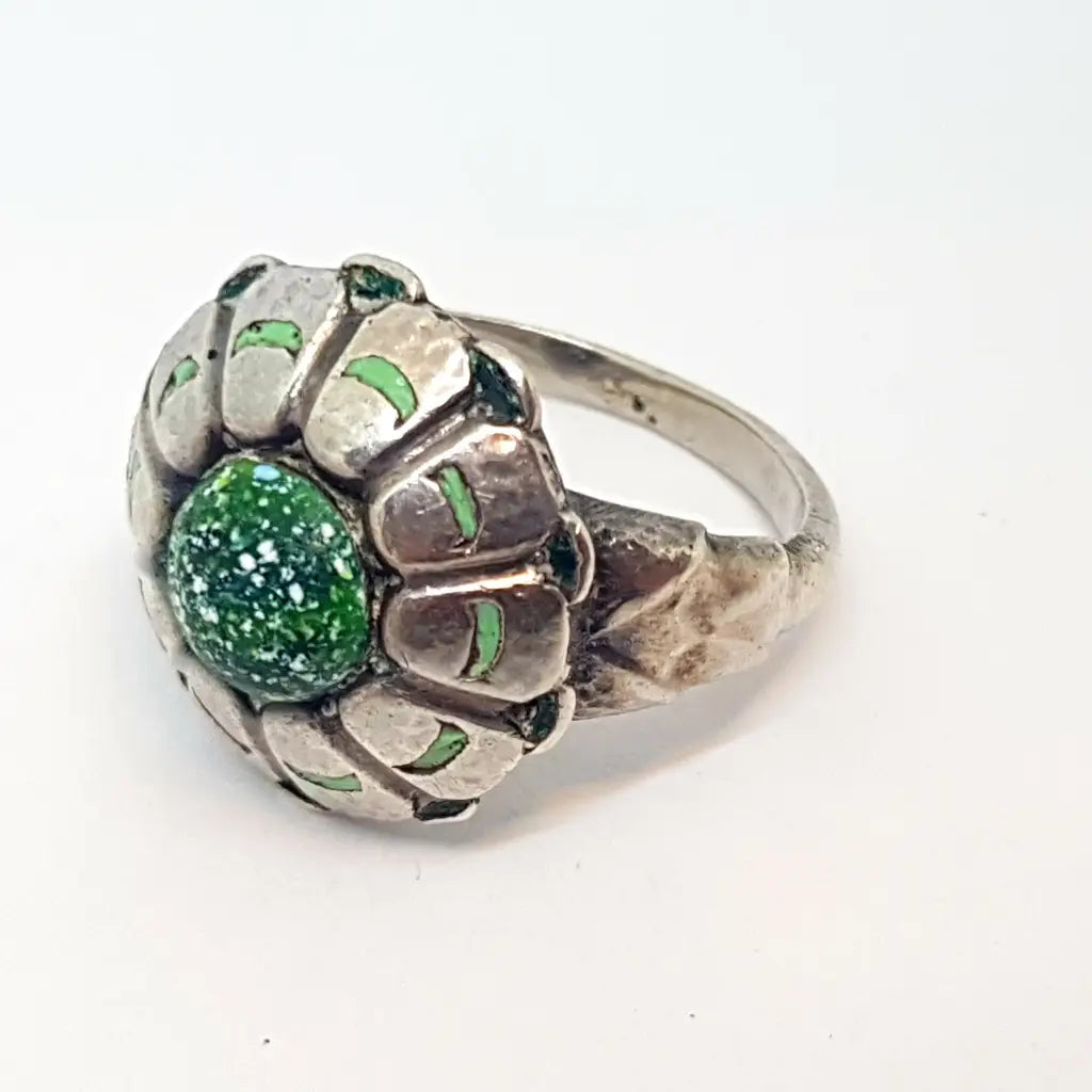 Anillo de plata art deco con esmalte verde joyas flores hechas a mano regalos