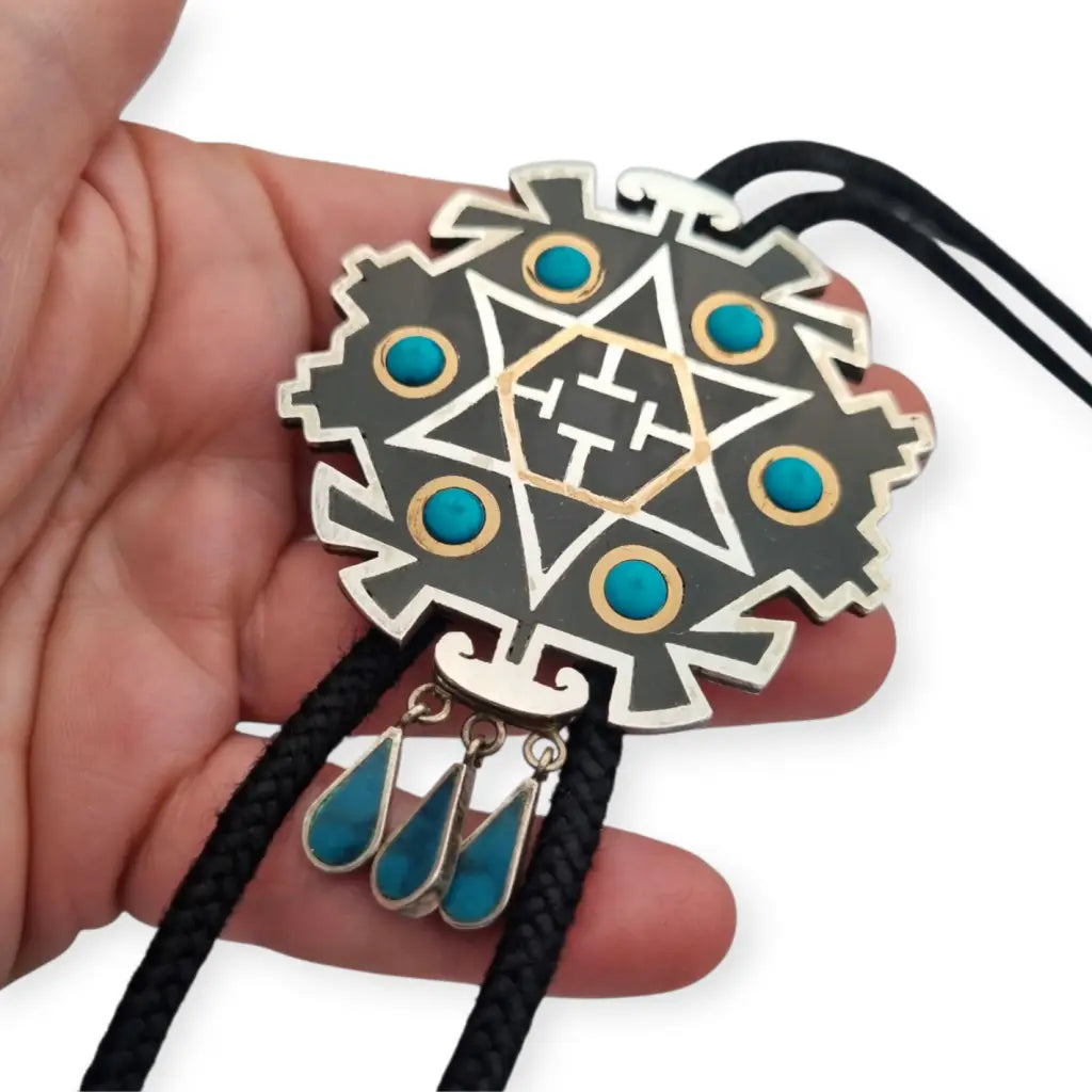 Corbata bolo mexicana en plata.925 y madera metales mixtos Piedra Negra
