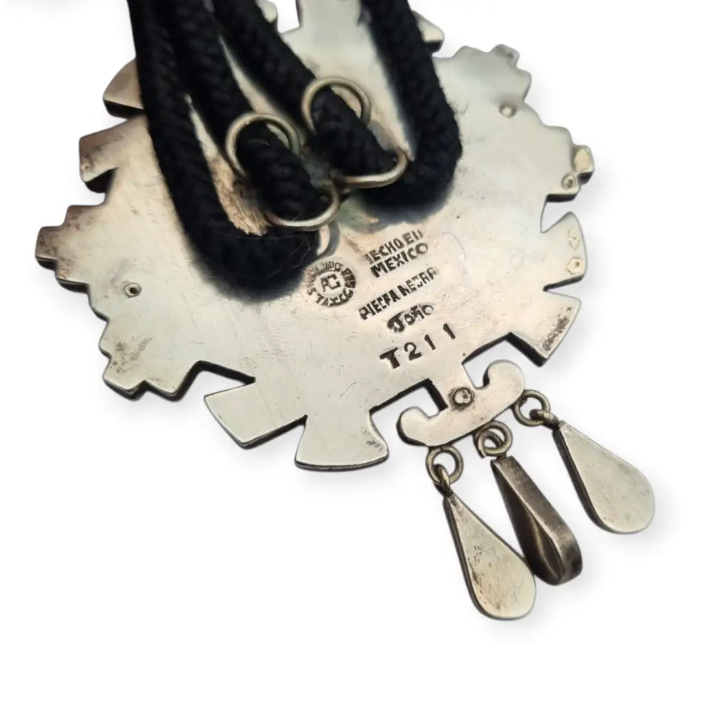 Corbata bolo mexicana en plata.925 y madera metales mixtos Piedra Negra