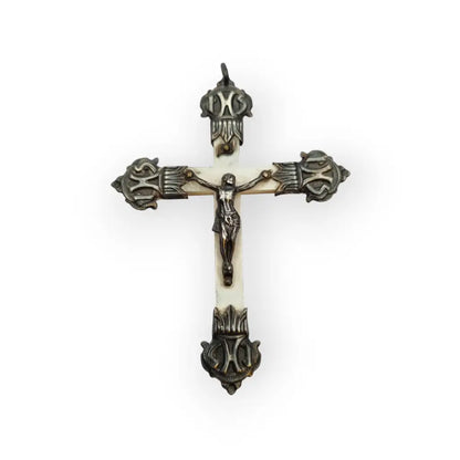 Crucifijo antiguo de nácar y plata con detalles religiosos en relieve regalos