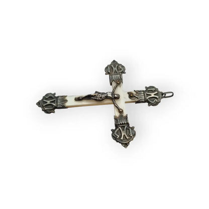 Crucifijo antiguo de nácar y plata con detalles religiosos en relieve regalos