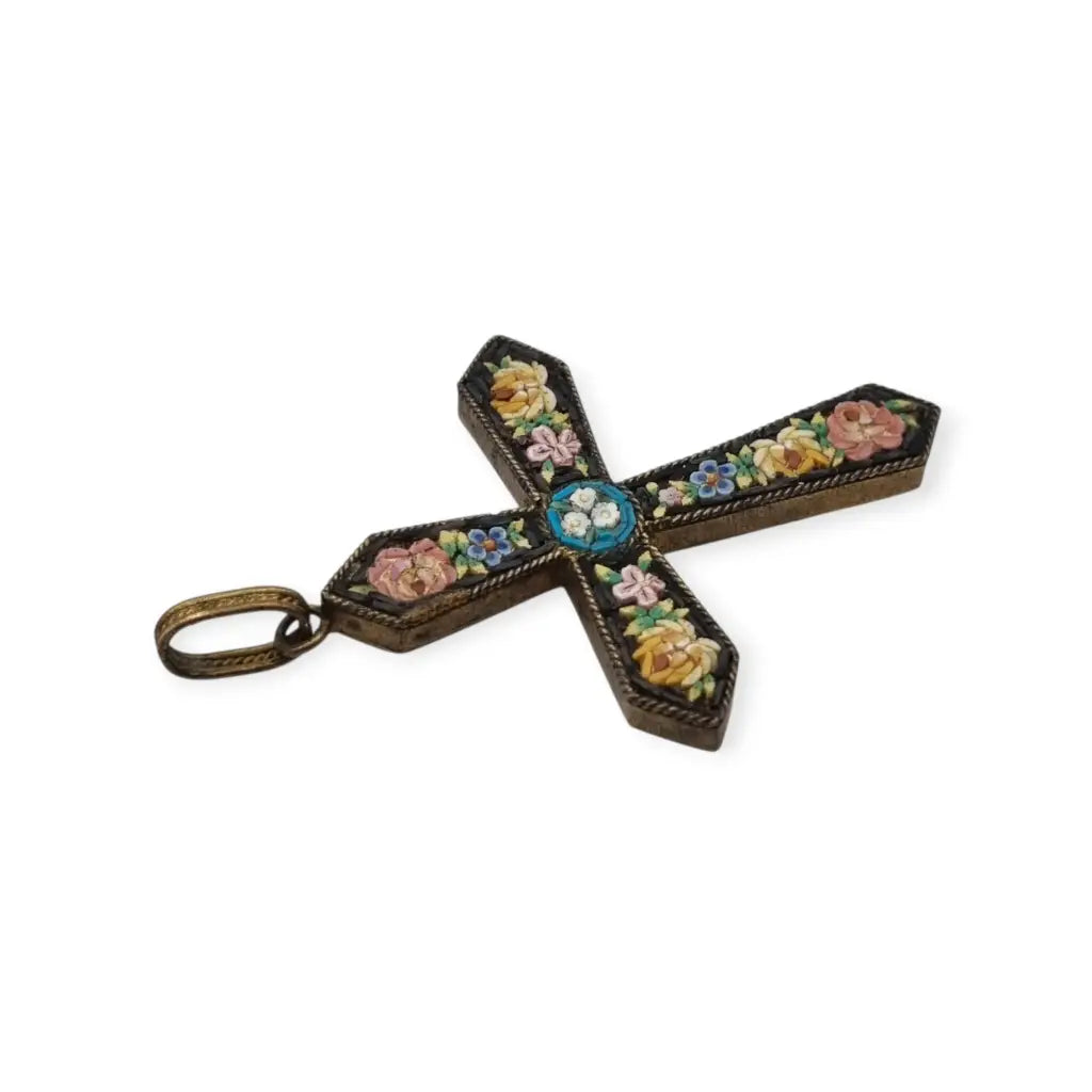 Cruz antigua de micromosaico floral en vidrio Colgante italiano Circa