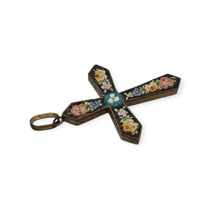 Cruz antigua de micromosaico floral en vidrio Colgante italiano Circa