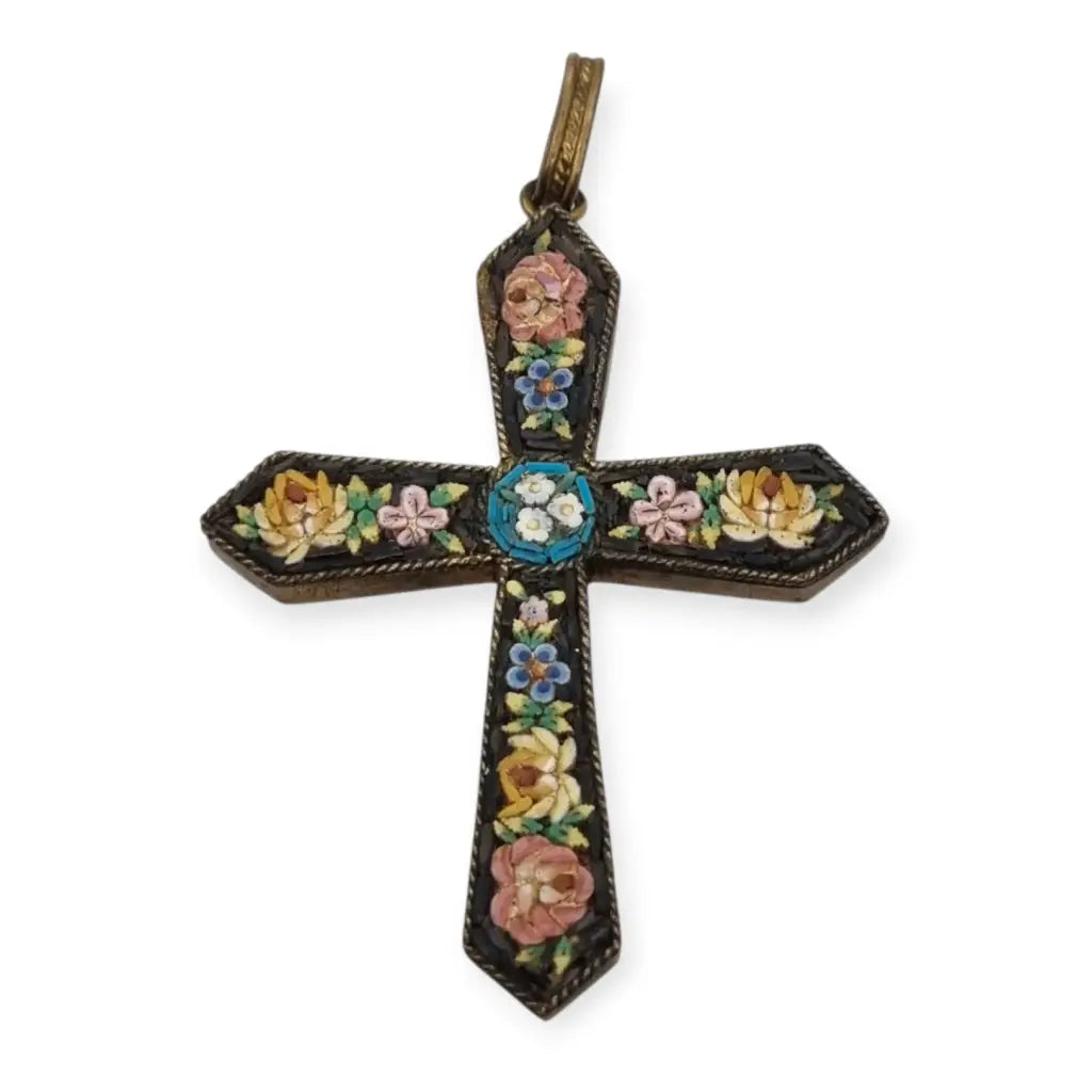 Cruz antigua de micromosaico floral en vidrio Colgante italiano Circa