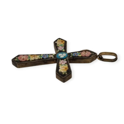Cruz antigua de micromosaico floral en vidrio Colgante italiano Circa