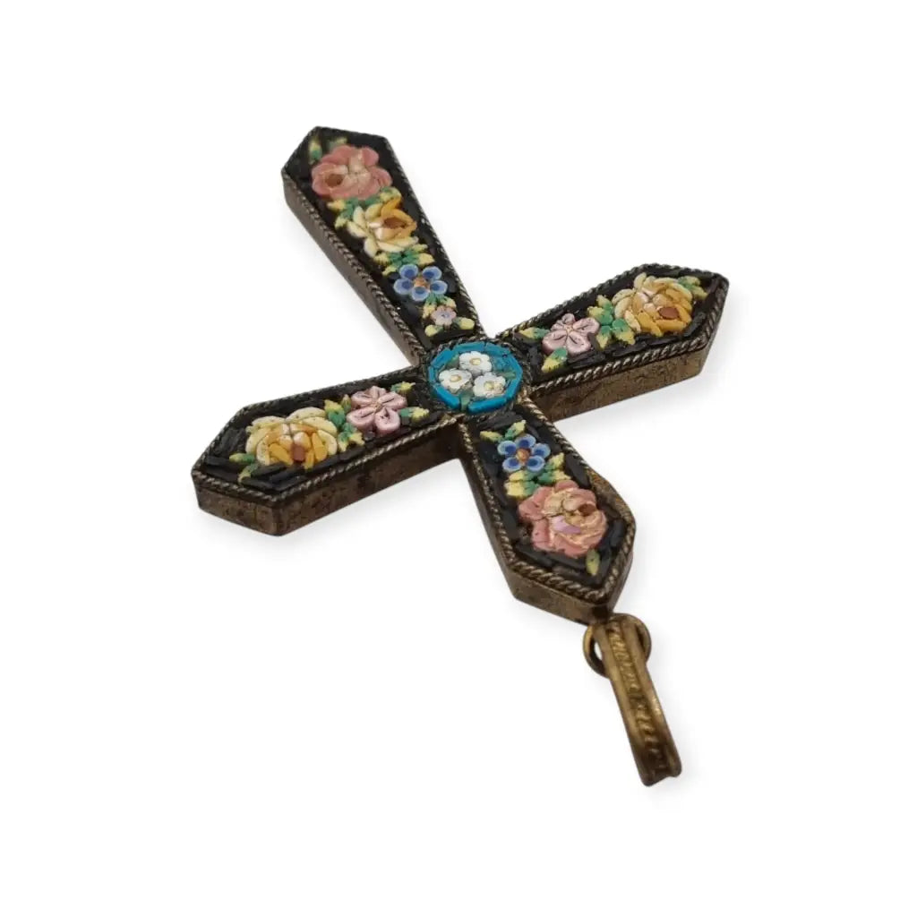 Cruz antigua de micromosaico floral en vidrio Colgante italiano Circa