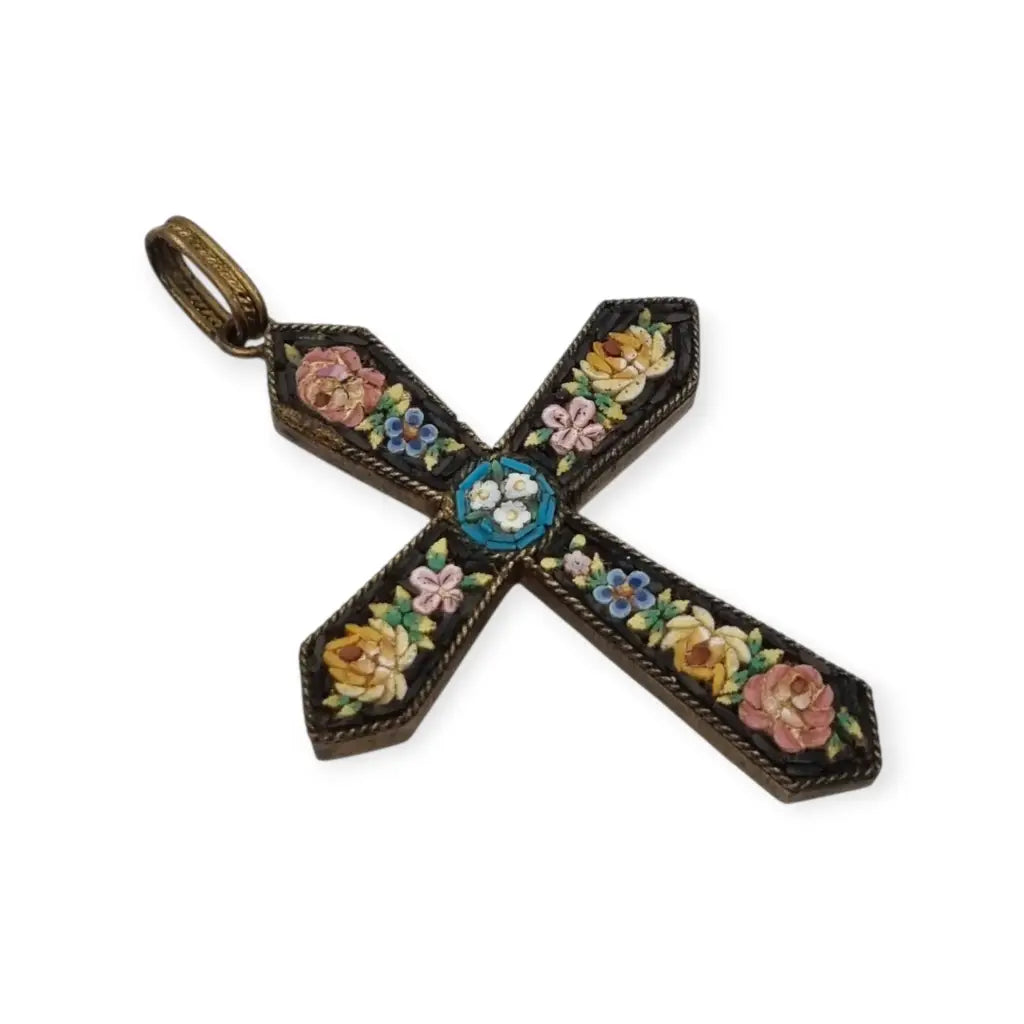 Cruz antigua de micromosaico floral en vidrio Colgante italiano Circa