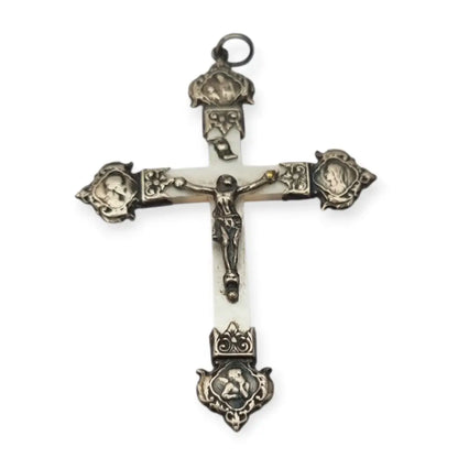 Cruz antigua de nácar y plata con cristo acabados religiosos altamente