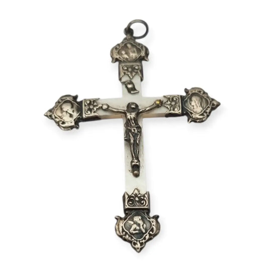 Cruz antigua de nácar y plata con Cristo acabados religiosos altamente