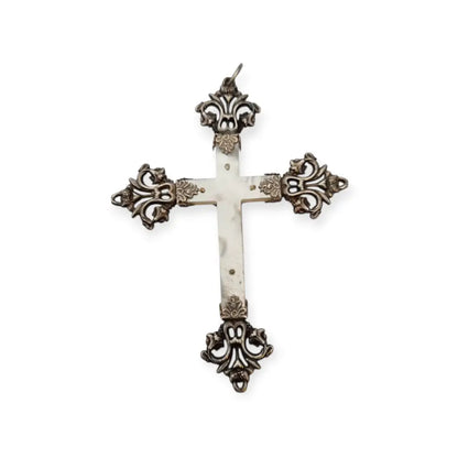 Cruz antigua de nácar y plata con Cristo estilo religioso Art Nouveau circa