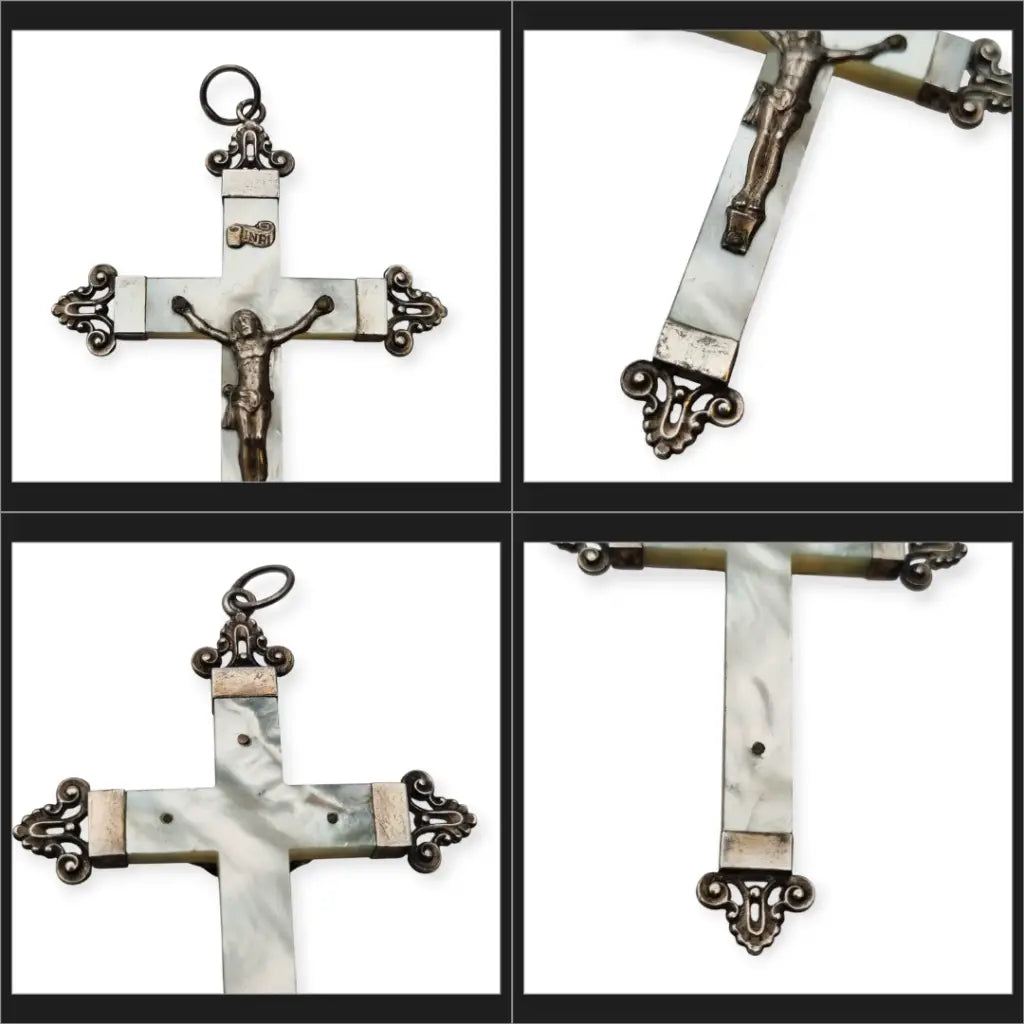 Cruz antigua en nácar y plata con detalles ornamentales regalos religiosos.