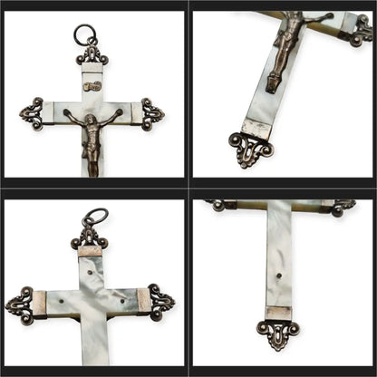 Cruz antigua en nácar y plata con detalles ornamentales regalos religiosos.
