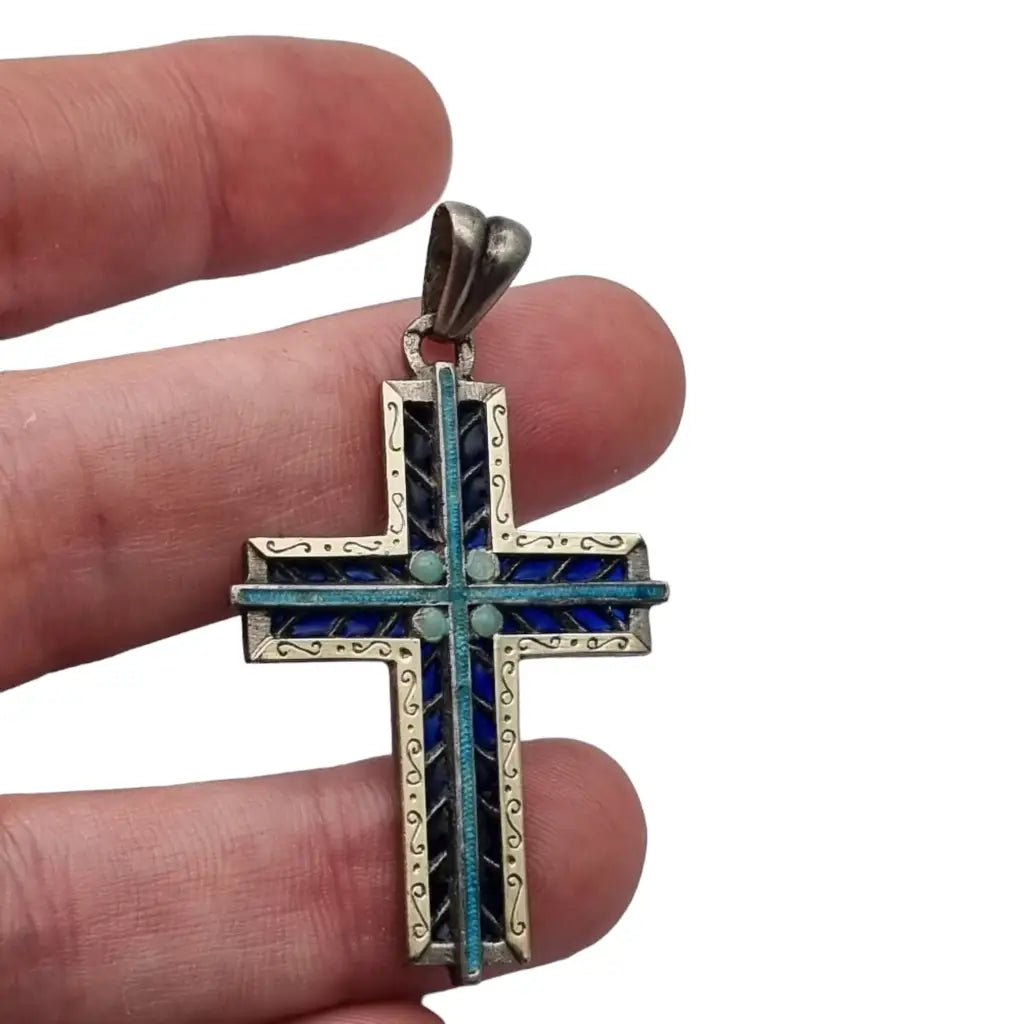 Cruz de plata esmaltada azul colgante católico para regalar joyería religiosa