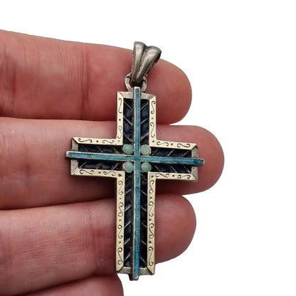 Cruz de plata esmaltada azul colgante católico para regalar joyería religiosa