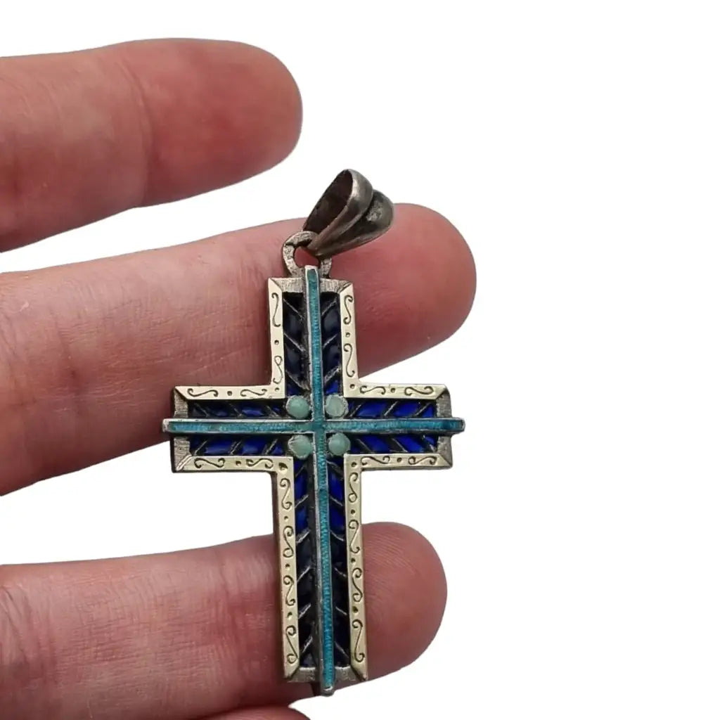 Cruz de plata esmaltada azul colgante católico para regalar joyería religiosa