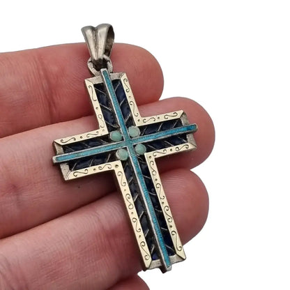 Cruz de plata esmaltada azul colgante católico para regalar joyería religiosa