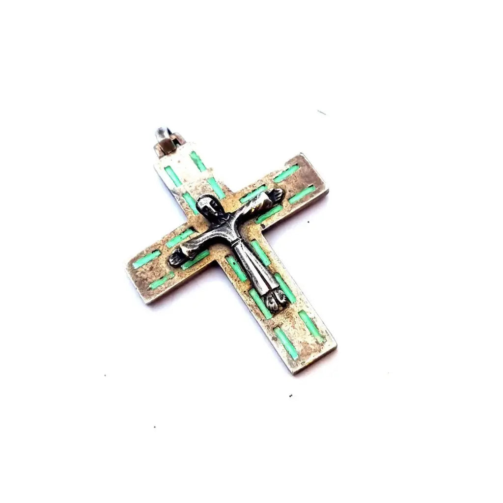 Cruz de plata cruz verde esmalte joyería religiosa