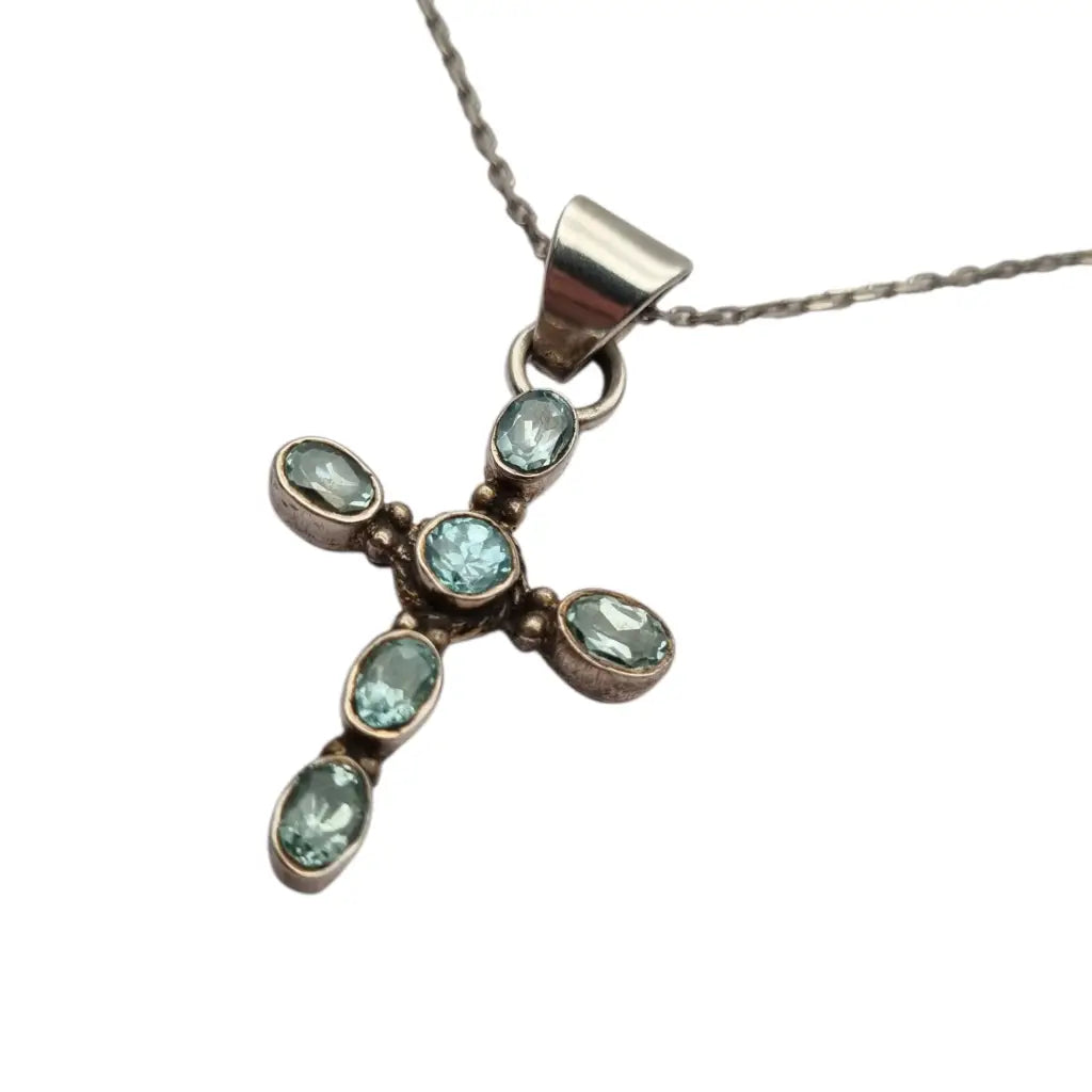 Cruz vintage de plata con topacios azules ovalados y cadena regalos religiosos
