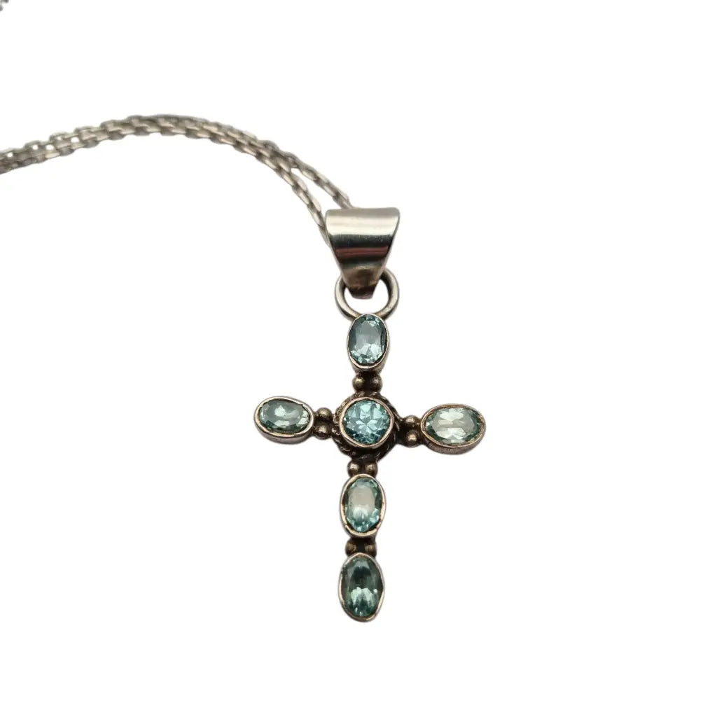 Cruz vintage de plata con topacios azules ovalados y cadena regalos religiosos