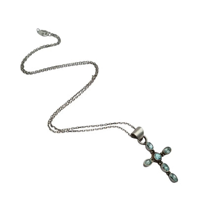 Cruz vintage de plata con topacios azules ovalados y cadena regalos religiosos