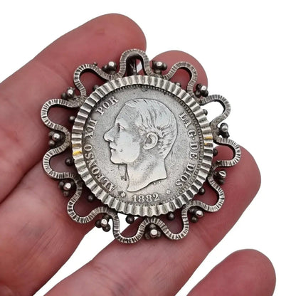 Broche moneda plata broche original española. Alfonso XII 1882 2