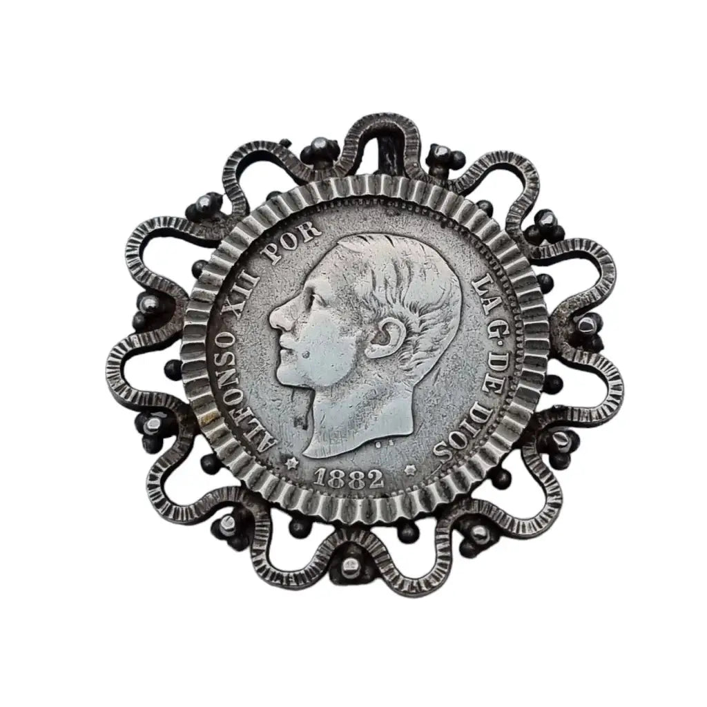 Broche moneda plata broche original española. Alfonso XII 1882 2