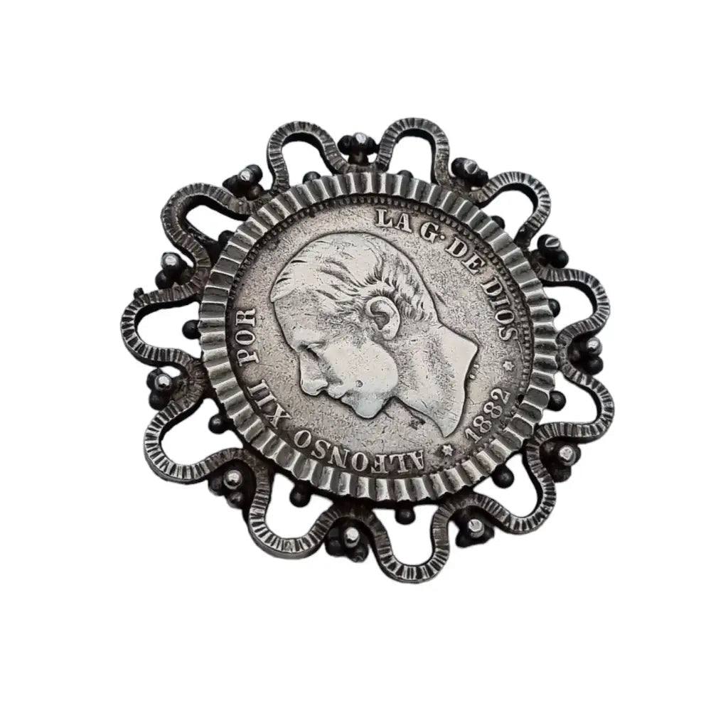 Broche moneda plata broche original española. Alfonso XII 1882 2