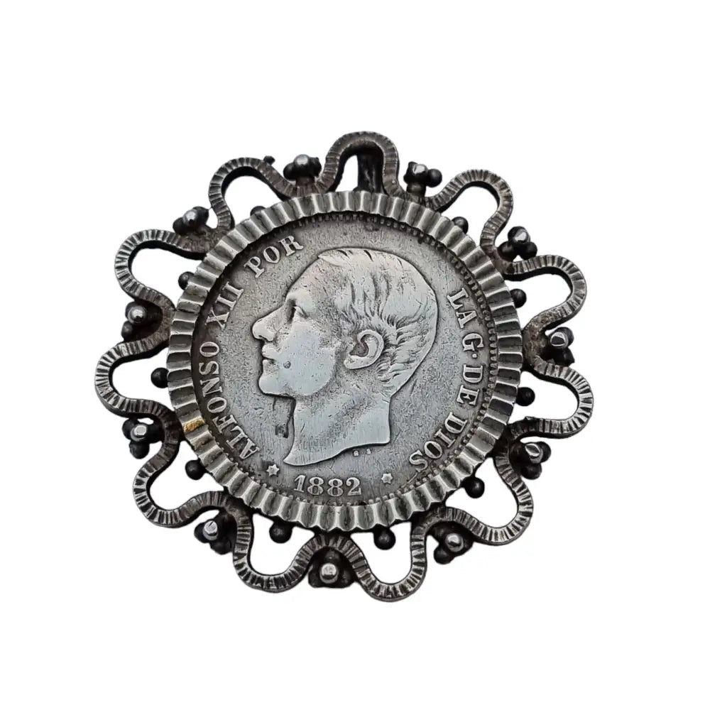 Broche moneda plata broche original española. Alfonso XII 1882 2