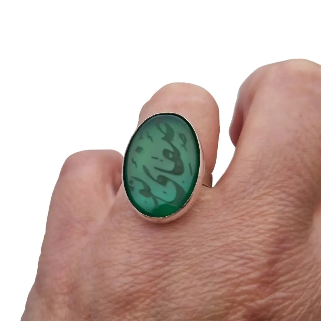 Anillo de plata boho con piedra verde grabada étnico Joyería oriental