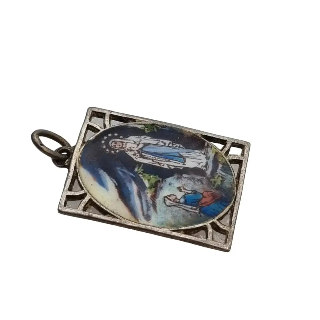 Colgante Virgen Religiosa esmalte azul medalla rectangular regalo