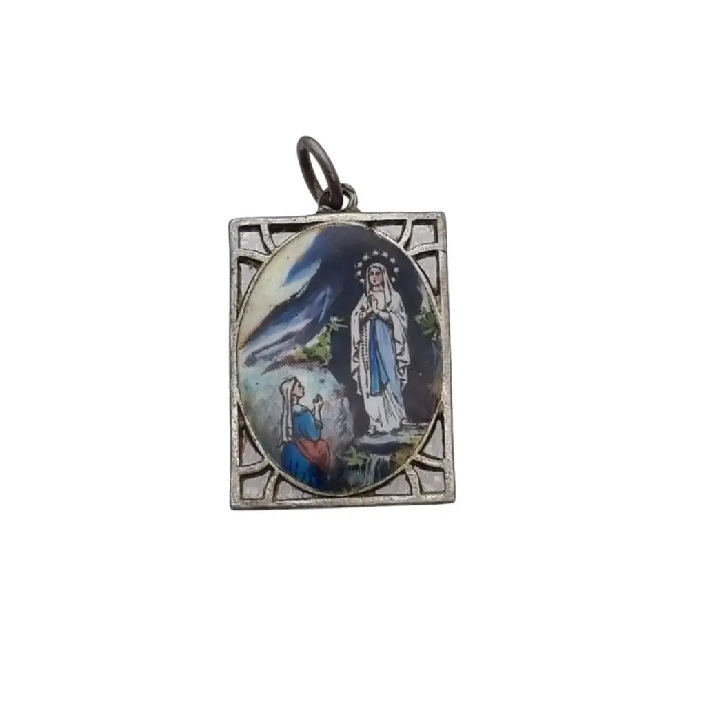 Colgante Virgen Religiosa esmalte azul medalla rectangular regalo