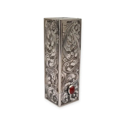 Estuche pintalabios antiguo de plata grabada con espejo y piedra cornalina