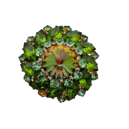 Broche vintage con pedrería verde destellos arcoíris original de los años