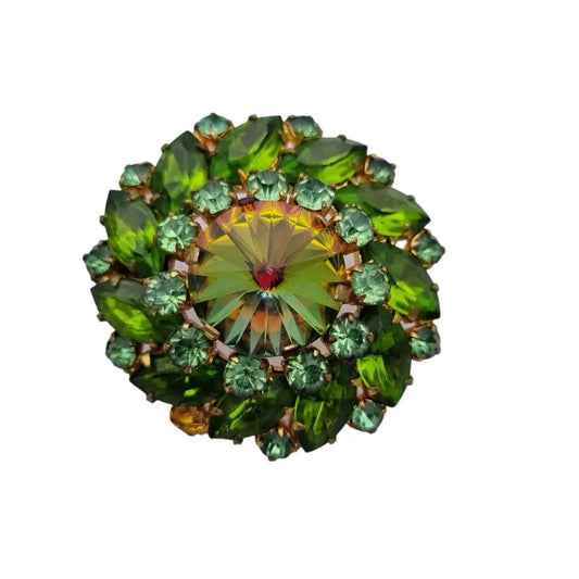 Broche vintage con pedrería verde destellos arcoíris original de los años